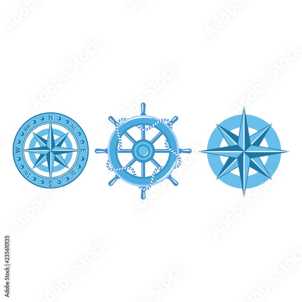 Obraz Compass, steering wheel, wind rose. flat style.