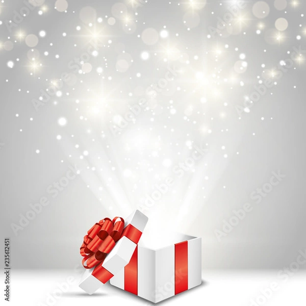 Fototapeta Opened gift box with red bow and lights Vector