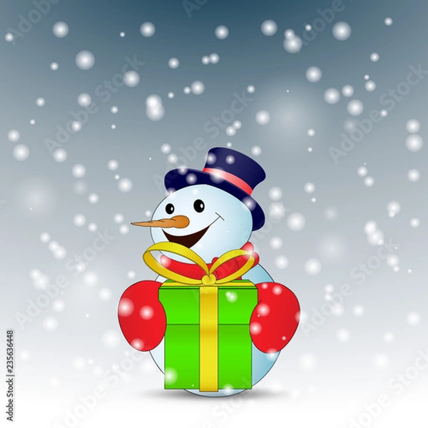 Fototapeta Positive cartoon snowman with green gift box with snow. Vector illustration
