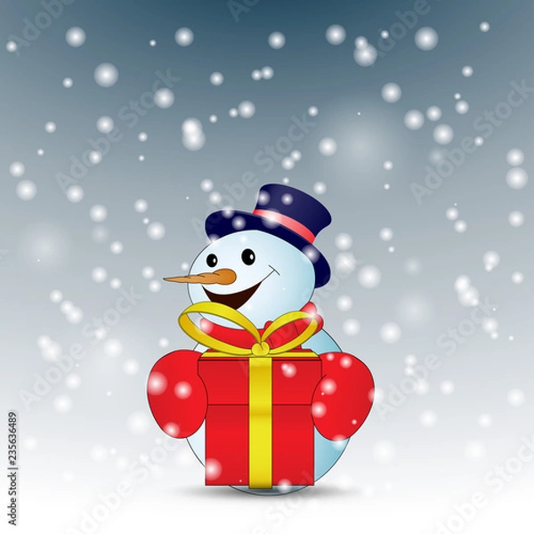 Fototapeta Positive cartoon snowman with red gift box with snow. Vector illustration