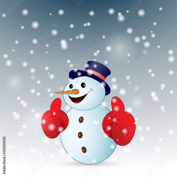 Fototapeta Positive cartoon snowman with snow. Vector illustration.