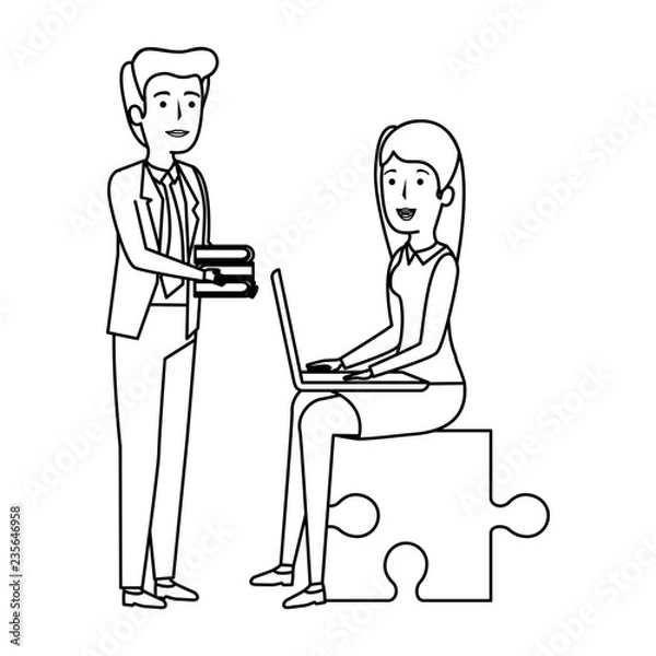 Fototapeta couple sitting in puzzle piece with laptop and books