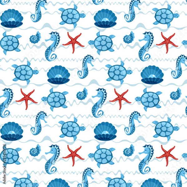 Fototapeta seamless pattern in children's style with sea creatures. In blue colors.