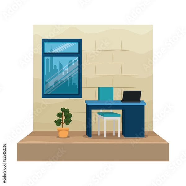Fototapeta office workplace with desk and laptop scene