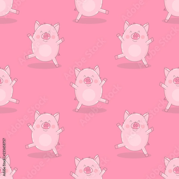 Fototapeta Seamless pattern of hand-drawn dancing pigs on an isolated pink background. Vector illustration of piglets for New Year, prints, wrapping paper, cards, children, clothes, decor, farm, food.