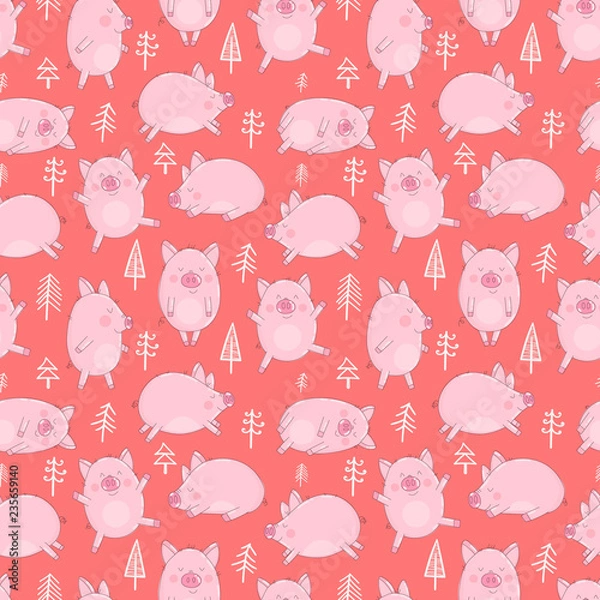 Fototapeta Seamless pattern of hand-drawn pigs and Christmas trees on an isolated red background. Vector illustration of piglets for the New Year, prints, wrapping paper, cards, children, decor.