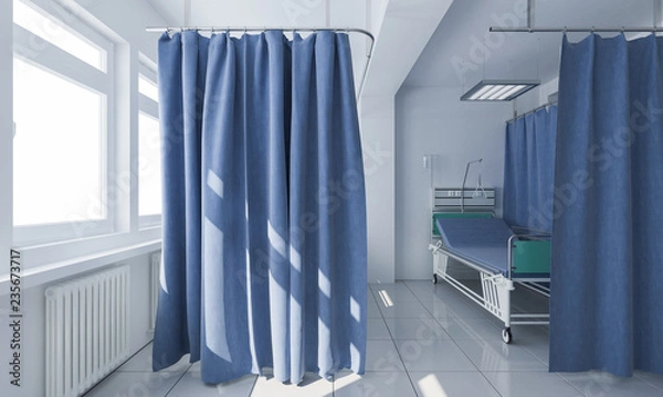 Fototapeta Łóżko na kółkach za zasłonami prywatności w renderowaniu 3d kliniki medycznej