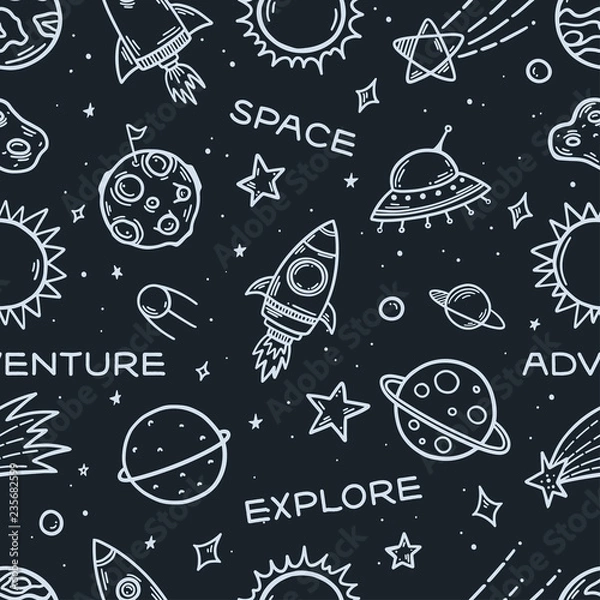 Fototapeta Space elements hand drawn seamless pattern. Vector illustration.