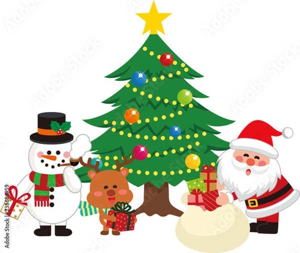 Obraz サンタクロースとクリスマスツリーセット1。袋からプレゼントを出すサンタクロース。ベクター素材。