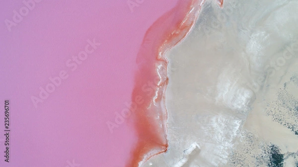 Fototapeta Rose salted laguna with coast of sand areal top view drone photography 