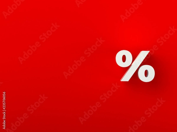 Fototapeta 3d white percentage sign on red background with shadow. 3D illustration