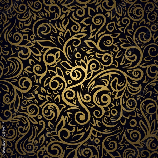 Obraz Seamless pattern with golden curls on black background