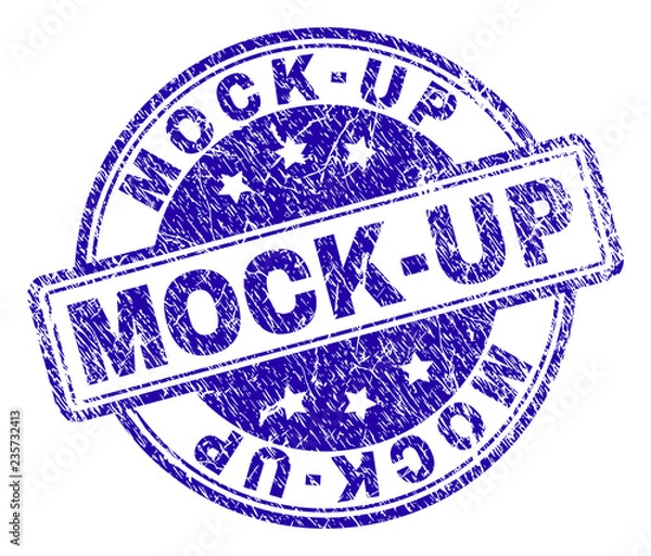 Fototapeta MOCK-UP stamp seal imprint with grunge texture. Designed with rounded rectangles and circles. Blue vector rubber print of MOCK-UP label with corroded texture.