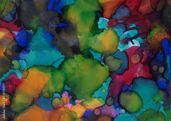 Fototapeta Colorful alcohol ink texture with abstract washes and paint stains on the white paper background.