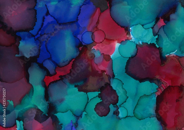 Fototapeta Colorful alcohol ink texture with abstract washes and paint stains on the white paper background.