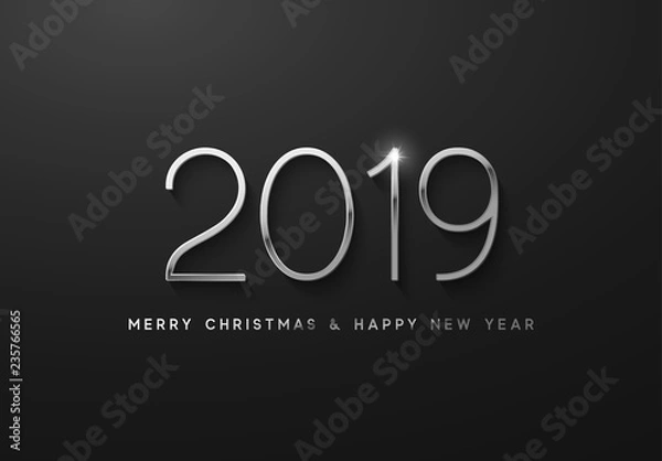 Obraz Nowy rok 2019 srebrne numery czcionek. Elegancka biała etykieta.