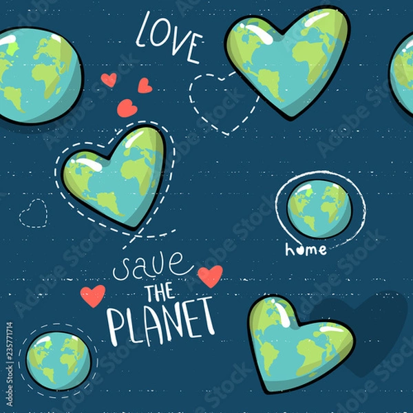 Fototapeta heart shaped earth. Cartoon globe. web icons green happy nature character. love ecology earth planet world map seamless pattern vector illustration. save the planet. motivational inscription