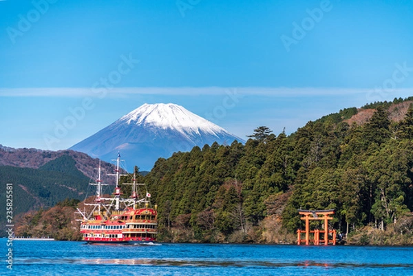 Obraz Mountain Fuji and Lake Ashi with Hakone temple and sightseeing boat in autumn