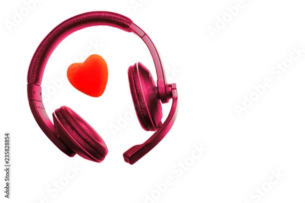 Fototapeta Violet Red Headset, Headphones with Microphone and Red Heart Isolated On White Background.  Call Center, Technical Support, Love, Valentines Day, Medicine, Music Concept.