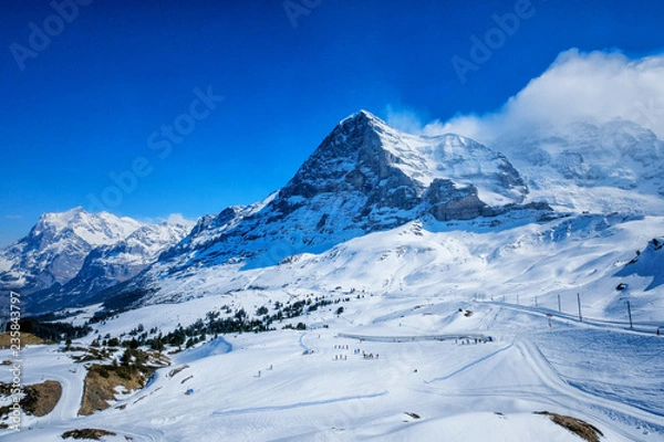 Obraz Winter landscape view from Kleine Scheidegg along the railway from to Jungfraujoch In daylight at Switzerland