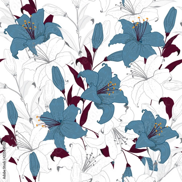 Fototapeta Beautiful outline Floral pattern lily flowers. Botanical  Motifs scattered random. Seamless vector texture. For fashion prints.