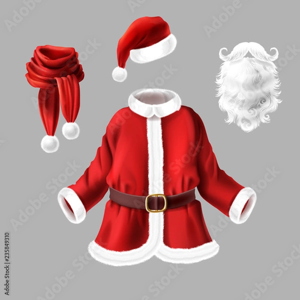 Obraz Vector set with Santa Claus costume for fancy dress party isolated on gray background. Traditional Christmas clothes and accessories for masquerade, red coat with belt, scarf and hat, white fur beard