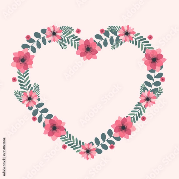 Fototapeta Floral greeting card and invitation template for wedding or birthday anniversary, Vector heart shape of text box label and frame, Pink flowers wreath ivy style with branch and leaves.