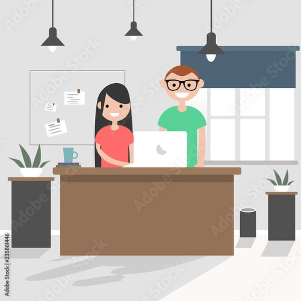 Obraz Vector illustration of coworking space. Working place, office. Modern office. Millennials at work. Flat design.
