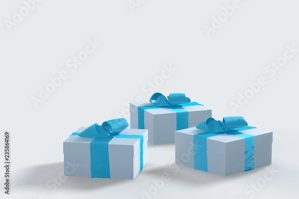 Fototapeta 2018 Christmas New Year white gift boxes with blue bows of ribbons isolated on the white background. 3d illustration with copyspace for your text