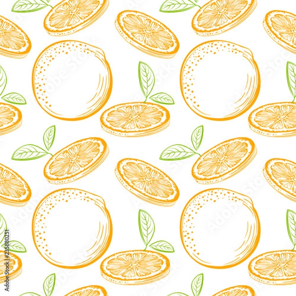 Fototapeta Oranges vector seamless pattern. Ink sketch Oranges. Citrus fruit background. Elements for menu, greeting cards, wrapping paper, cosmetics packaging, posters etc