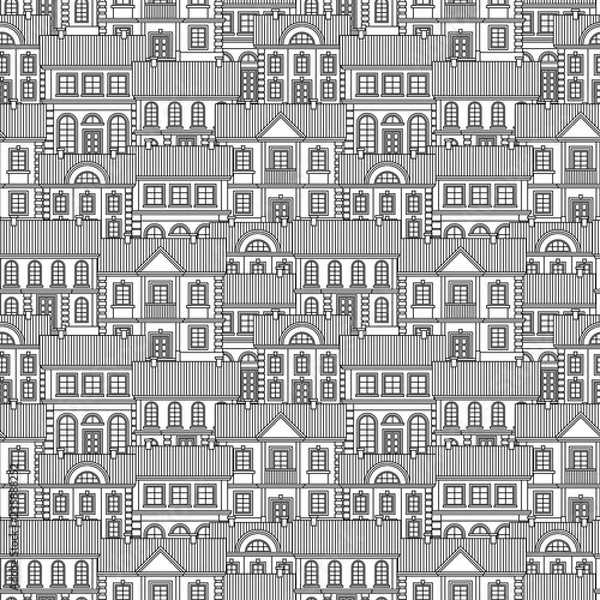 Fototapeta Set of Monochrome houses. Flat style Vector Seamless Pattern.