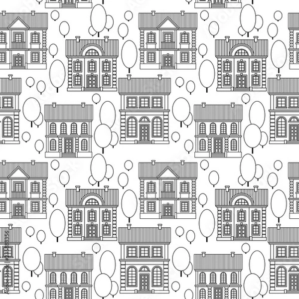 Fototapeta Set of Monochrome houses. Flat style Vector Seamless Pattern.