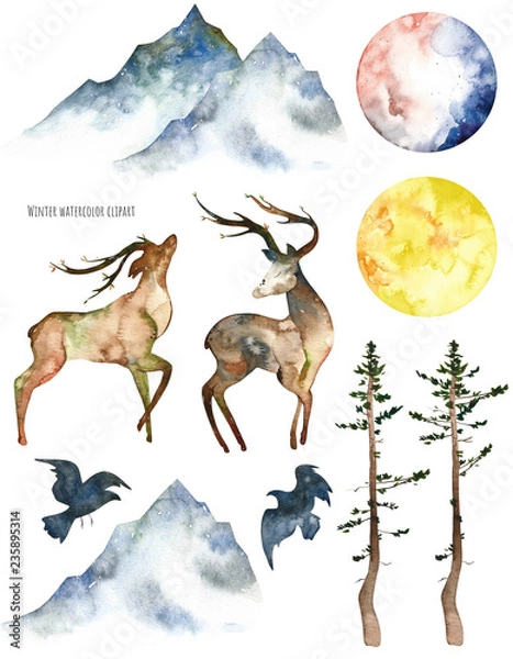 Fototapeta Watercolor winter elements. Handpainted  watercolor clipart with deers, mountains, moons, silhouette birds, trees, lamp, deer horns and background. Perfect for you postcard design, wallpaper, print, i