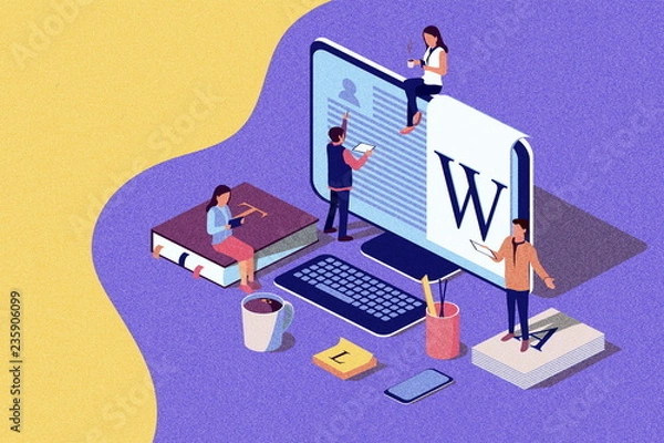 Obraz Isometric concept Education. Illustration for online education, online training, Internet studying, online book, tutorials, e-learning for social media, documents, cards. Noise texture.
