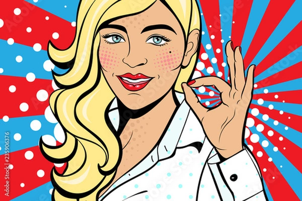 Fototapeta Sexy pop art woman with squinted eyes and open mouth. Vector background in comic style retro pop art. Invitation to a party. Face close-up.