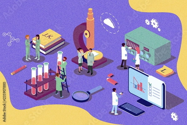 Obraz Retro isometric illustration concept. Research laboratory, scientis working at laboratorium. Content for web page, banner, social media, documents, cards, posters, news.