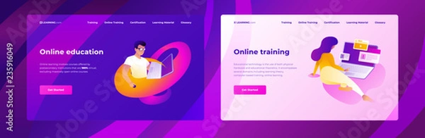 Fototapeta Two web page design templates for distance education, consulting, training, language courses with studying people. Modern vector illustrations concepts for website and mobile website development.