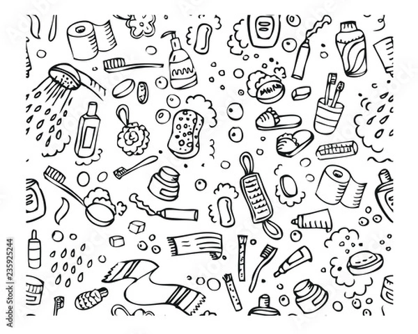 Fototapeta Bath seamless pattern, washing doodle print