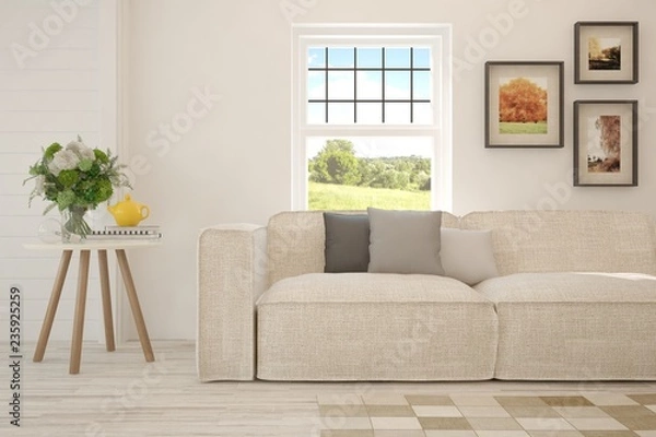 Fototapeta Idea of white room with sofa and summer landscape in window. Scandinavian interior design. 3D illustration