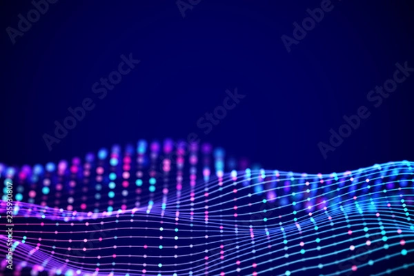 Fototapeta 3D Sound waves with colored dots. Big data abstract visualization. Digital concept: virtual landscape. Futuristic background. Sound waves, visual audio waves equalizer, EPS 10 vector illustration.