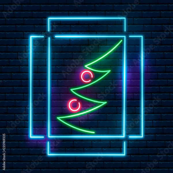 Fototapeta Neon fir in window on brick wall