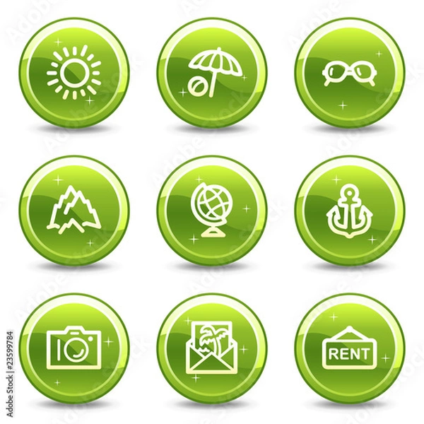 Fototapeta Travel web icons set 5, green glossy circle buttons series