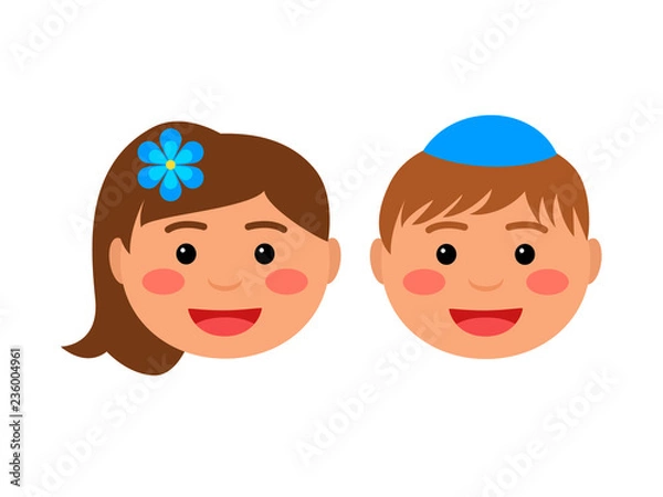 Fototapeta smiling faces of jewish children. the boy is wearing a kippa. flat vector illustration isolated on white background