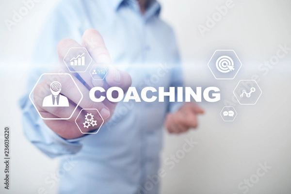 Fototapeta Coaching and mentoring on virtual screen. Personal development concept.