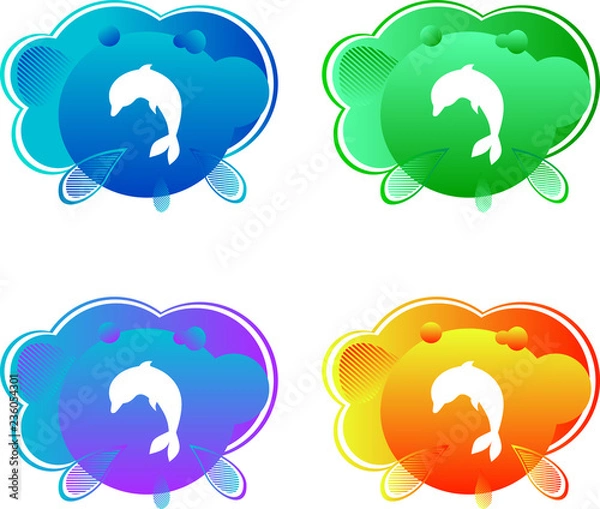 Fototapeta Logo concept icon, dolphin on color background, vector emblem, bright sea animal design, advertising illustration, kids pool logo, tropical symbol, modern design, wavy color, iridescent smooth texture