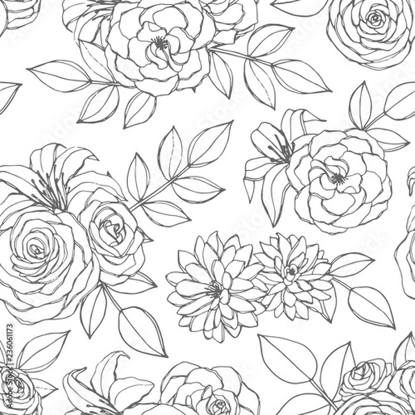 Fototapeta Vector seamless pattern with rose, lily, peony and chrysanthemum flowers line art on the white background. Hand drawn floral repeat ornament of blossoms in sketch style. Usable for coloring books.