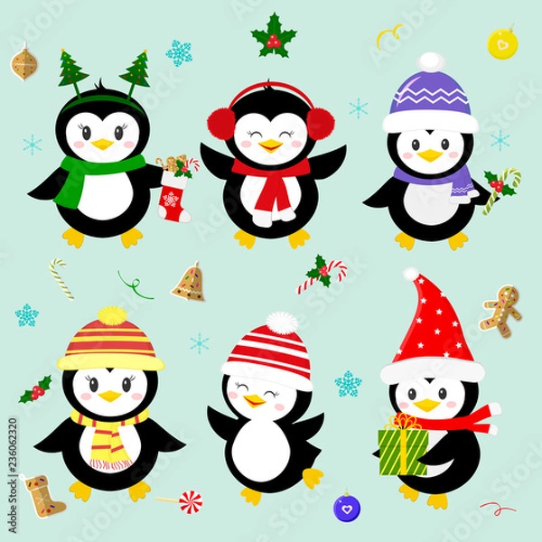 Fototapeta Set of six lucky Christmas penguin character in different hats and accessories. Celebrates New Year and Christmas. Cartoon style, vector