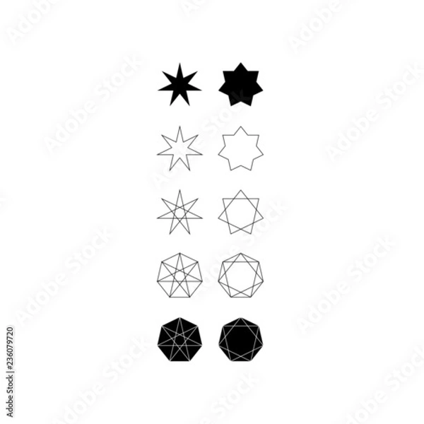 Fototapeta Set of different styles of seven pointed star and septagons.