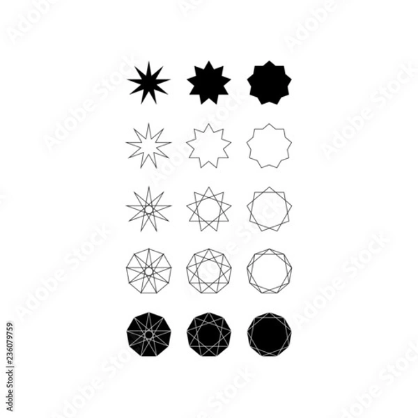 Fototapeta Set of fifteen different styles of nine pointed star (Nonagram) and Nonagon.