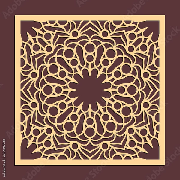 Fototapeta Laser cutting panel. Golden floral pattern. Gift or favor box silhouette ornament. Vector coaster design for metal, wood, paper work.